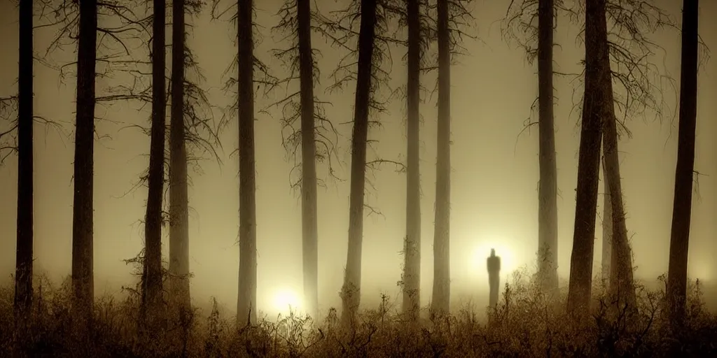 Image similar to silhouette tall spirits standing along the entire horizon in the mist with glowing reflective eyes in the dark northern California woods at night