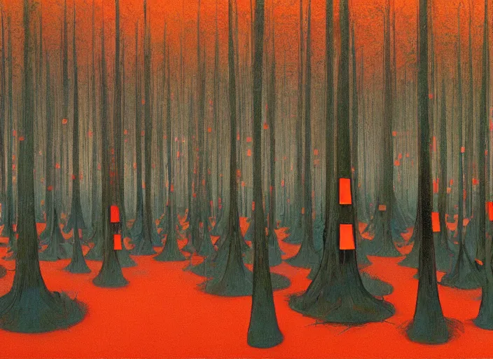 Image similar to a forest with a 5 orange cones scattered about, by surrealist james jean, in the style of francis bacon and edward hopper and beksinski