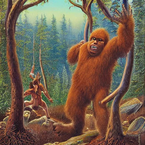 Image similar to sasquatch fighting with aboriginal tribe painting by john glover