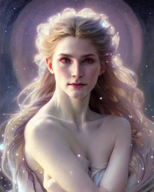 Image similar to realistic portrait of a beautiful white witch, bright, beautiful, heroic pose, beautiful face, magic, full body, dramatic lighting, intricate, wild, highly detailed, digital painting, artstation, concept art, smooth, sharp focus, illustration, art by artgerm and greg rutkowski and alphonse mucha, footage from space camera