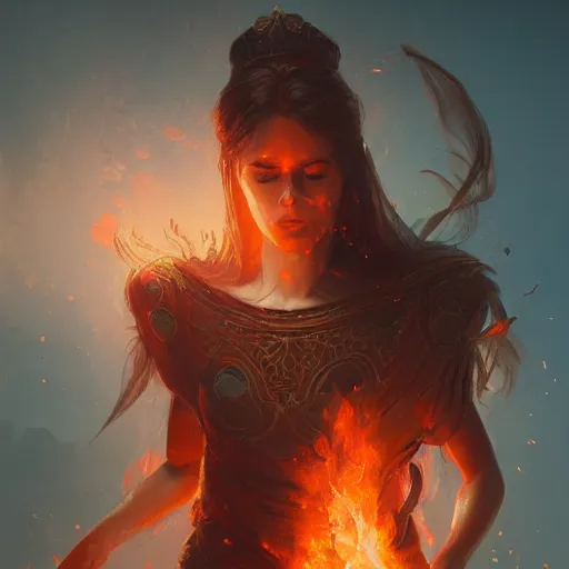 Image similar to a beautiful portrait of a fire goddess with closed eyes by greg rutkowski and raymond swanland, trending on artstation, flaming background, ultra realistic digital art