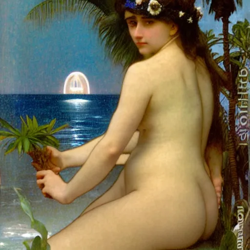 Image similar to Moon girl at the palace, thunderstorm, greek pool, beach and palm trees on the background major arcana sky, by paul delaroche, alphonse mucha and arnold böcklin arnold böcklin hyperrealistic 8k, very detailed