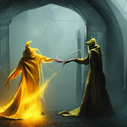 Prompt: award - winning. trending on artstation. cinematic. 4 k. a person wearing hooded frayed yellow robes and an eerie steel mask casting a spell while yellow magic runes float behind them. dark background