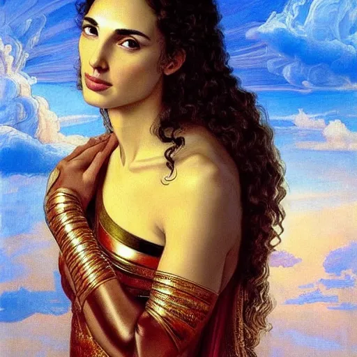 Prompt: Full body oil painting of the beautiful goddess Gal Gadot, she is egyptian, she is wearing a strophion and a surreal ornate, her hair is natural disheveled, she is approaching heaven over the clouds, naturalism, dramatic lighting, high-detailed oil painting by Ilya Repin, Michelangelo da Caravaggio, William Blake, Alex Grey and Beksinski, trending on Artsation, hystorical painting, naturalism, masterpiece, 4k, 8k,