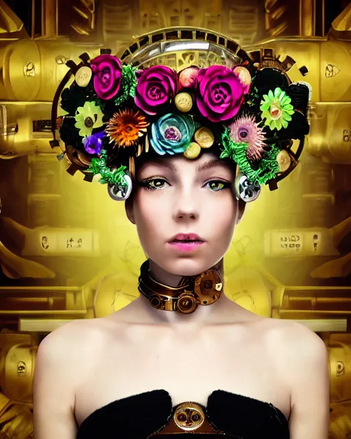 Prompt: portrait of a beautiful young cyborg woman with a big steampunk flower crown and part mechanical face , Metropolis, in the style of Mario Testino