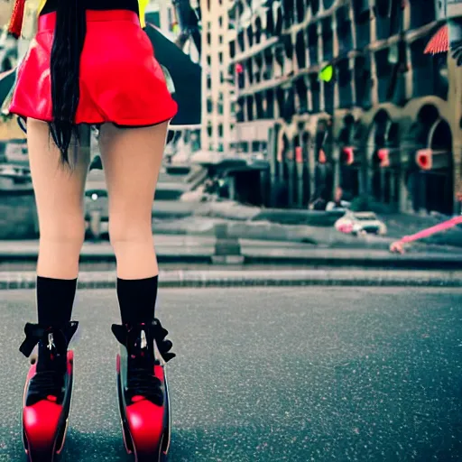 Prompt: Teenage girl, French girl, black beret, black beret with a red star, black shirt with red star, black leather shorts, rollerblading, rollerskates, grinding on railing, city on a hillside, colorful buildings, futuristic architecture