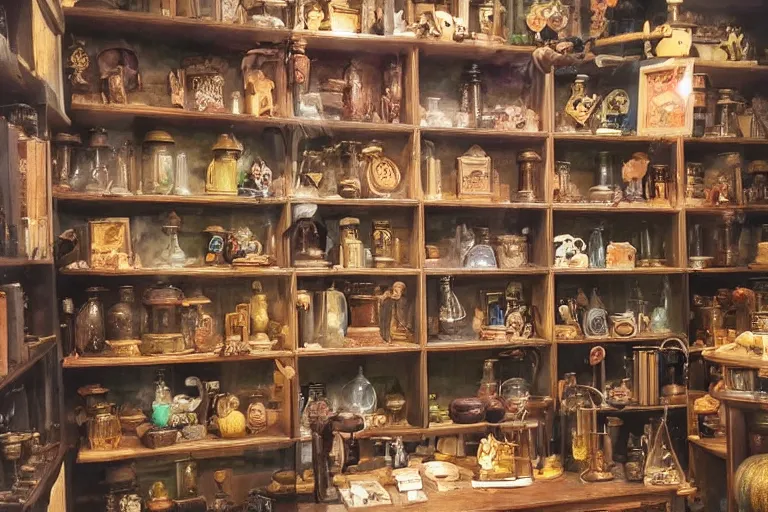 Image similar to a bookshelf of wonderful magical experiments, located in a wizard's shop, full of trinkets and magical potions flasks vials, bubbling liquids, smoking vessels