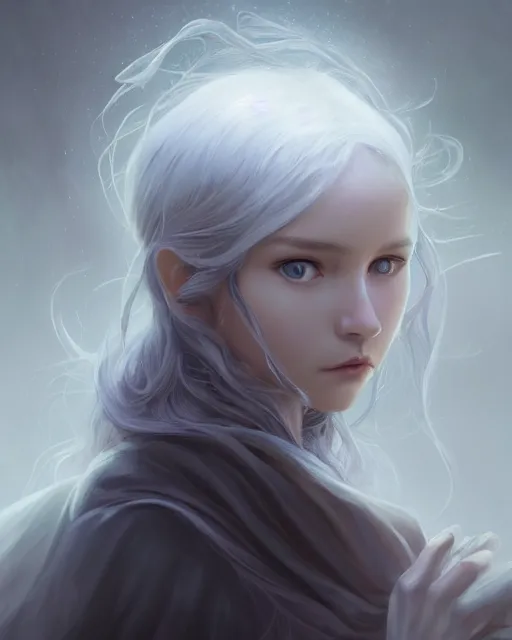 Prompt: highly detailed vfx - portrait of a gentle ghost, wonderful eyes, long hair, deep focus, d & d, fantasy, refined, elegant, high detail, digital painting, artstation, concept art, matte, clear focus, illustration, hearthstone, art from artgerm and greg rutkowski, fuji choco, victoria gavrilenko and hoang power line