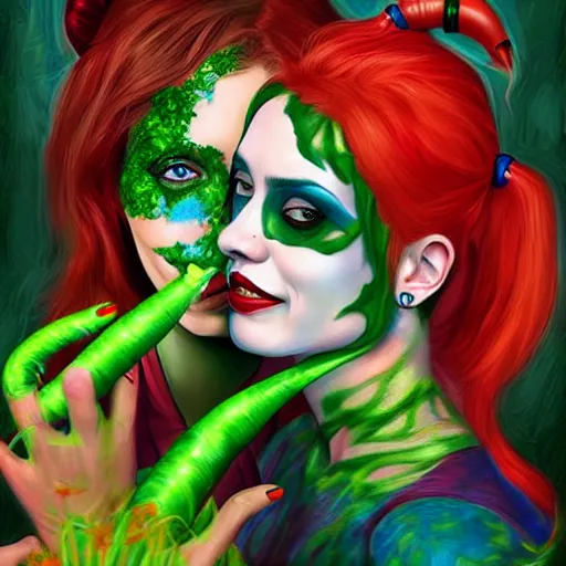 Image similar to harley quinn and poison ivy romance, hyper detailed masterpiece, digital art painting, surrealisme aesthetic,