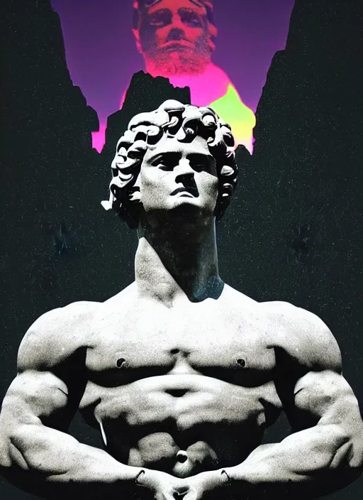 Image similar to black background, statue of hercules, beeple, vaporwave, retrowave, glitch, pixel sorting, strong contrast, pinterest, trending on artstation