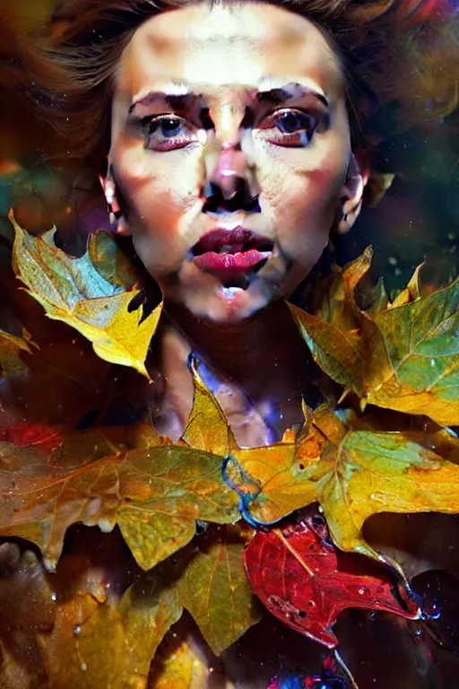 Prompt: close - up portrait of scarlett johansson by irakli nadar with intricate detailed color smashing fluid oilpaint, color leaves, melting wax, broken mirror, fluid acrilic, abstract impressionism, ruan jia, scifi, fantasy, hyper detailed, octane render, concept art, by peter mohrbacher and gustav klimt,