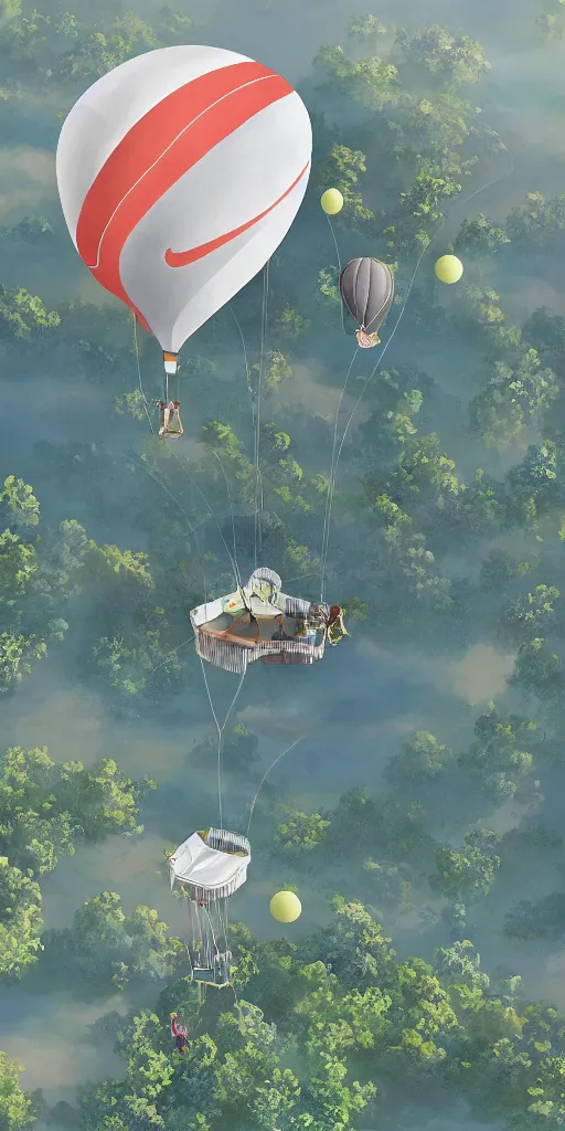 Prompt: An aerial tennis court, suspended by a massive tennis ball-shaped hot air balloon, Castle in the Sky style, by Miyazaki Hayao