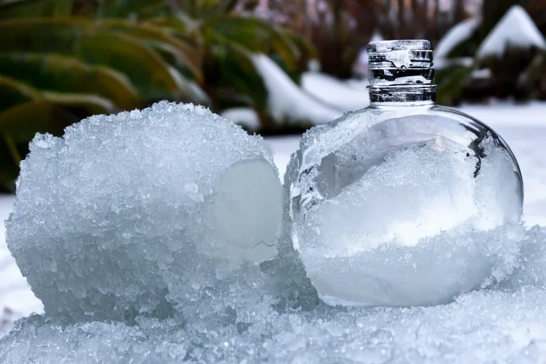 Image similar to perfume bottle buried a tropical oasis, frozen and covered in ice and snow
