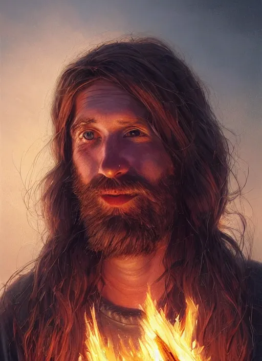 Image similar to highly detailed portrait of long - haired hillbilly around a bonfire, stephen bliss, unreal engine, art by greg rutkowski, loish, rhads, ferdinand knab, makoto shinkai and lois van baarle, artgerm, pixar, ilya kuvshinov, rossdraws, tom bagshaw, global illumination