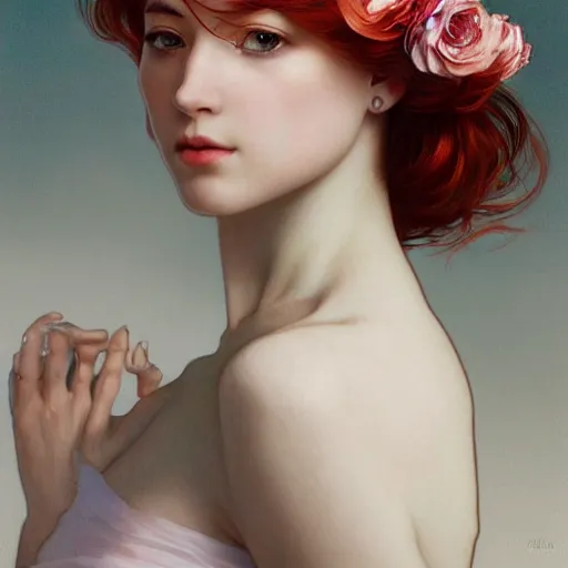 Image similar to side portrait of a beautiful girl, red hair, flower crown, white dress, headshot, hyper realistic, pale skin, 4k, rule of thirds, beautiful eyes, extreme detail, detailed drawing, trending artstation, hd, fantasy, D&D, realistic lighting, by Alphonse Mucha, Greg Rutkowski, sharp focus, backlit, elegant