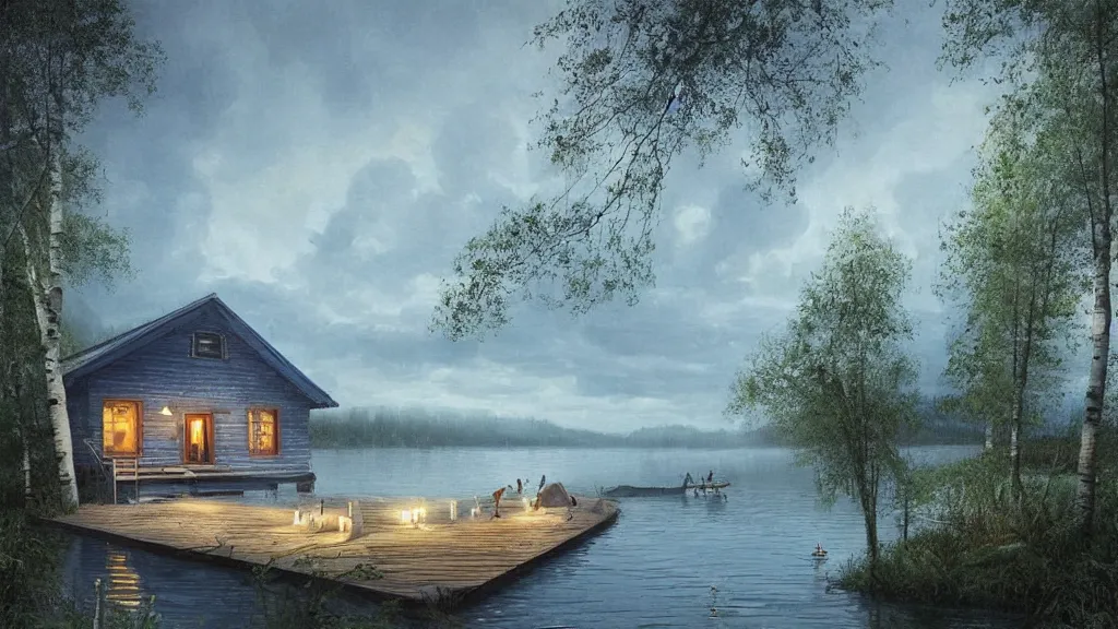 Prompt: big blue wooden cottage by the lake, lanterns on the porch, smoke coming out of the chimney, dusk, birch trees, tranquility, two swans swimming on the lake, a wooden rowing boat, cumulus clouds, by charlie bowater, by greg rutkowski