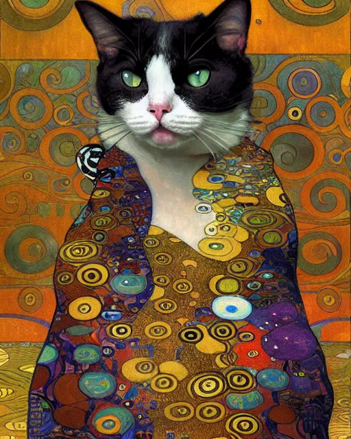 Image similar to summertime cat portrait an oil painting splashes with many colors and shapes by gustav klimt greg rutkowski and alphonse mucha, polycount, generative art, psychedelic, fractalism, glitch art