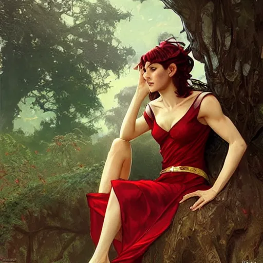 Prompt: portrait of statuesque elf resting on a tree, short hair, red and gold clothes, expressive face, sharp focus, intricate, smooth, ultra realistic digital art, d & d, high fantasy, pointed ears, elegant, by artgerm, greg rutkowski, alphonse mucha