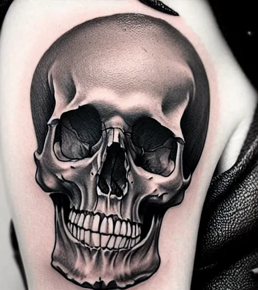 Image similar to a tattoo design of a creative skull, hyper realistic, black and white, realism, highly detailed