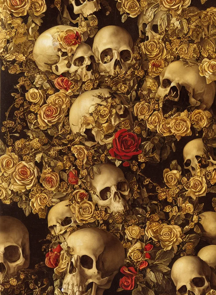 Image similar to portrait of hall of ossuary with a marble skulls with a wreath of gold roses and a dress of gold rose petals and snakes, oil painting in a renaissance style , very detailed, painted by Caravaggio.