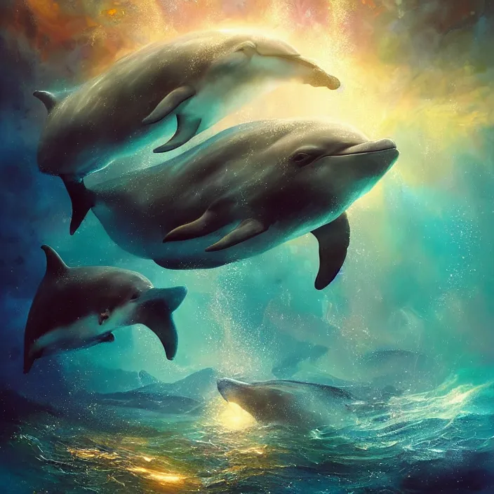 Image similar to glimmering whale, dolphins, golden hour, god rays, coral reef, dreamscape by artgerm and ruan jia and ismail inceoglu and greg olsen, cosmos, milky way galaxy, masterpiece, beautiful, intricate, elegant, highly detailed