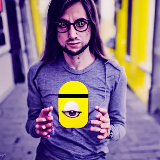 Prompt: portrait of realistic minion human hybrid, photoreal yellow human with minion face, realistic, hyper detailed, leica, 2 4 mm lens