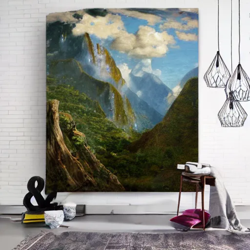 Prompt: super detailed and realistic painting of a super realistic colorful parrot flying over a island, puffy clouds, rainforest, lost city, machu picchu, by dan mumford and albert bierstadt, andrzej sykut, abraham pether and alexander jansson and albert bierstadt and pixar, golden ratio, ultrawide angle, f 3 2