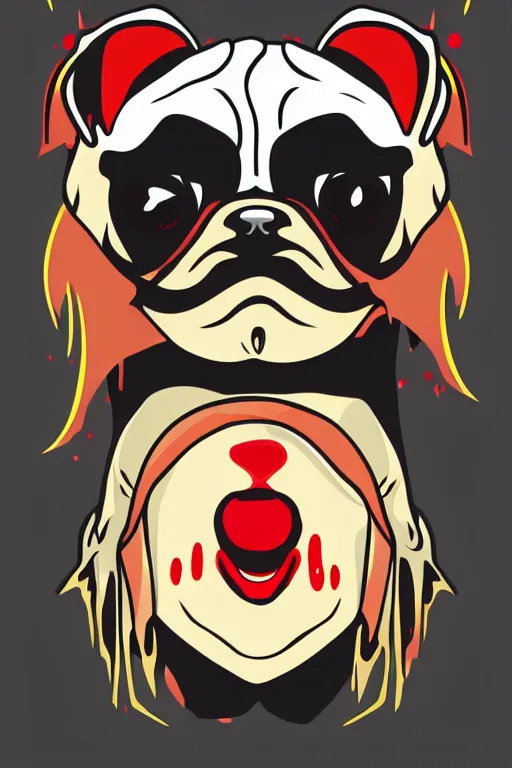 Image similar to Evil pug, the devil, sticker, blood thirsty, spawn of Satan, blood, evil, colorful, illustration, highly detailed, simple, smooth and clean vector curves, no jagged lines, vector art, smooth