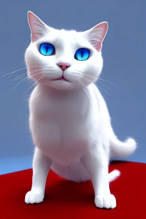 Image similar to a white cat with blue eyes wearing a red formal overcoat, hyperrealistic, concept art, octane render, unreal engine 5, realistic and defined face, profile picture, digital art, pixar and disney style, symmetrical, high quality, highly detailed, high coherence, path traced, house background, low contrast, beautiful, elegant clothes