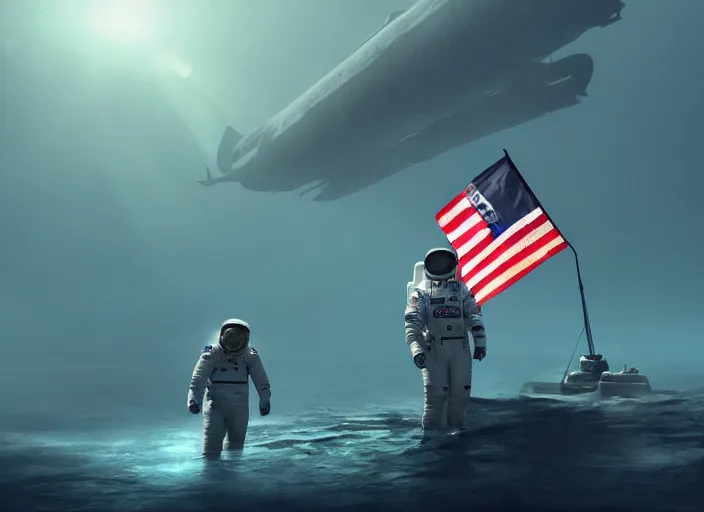 Image similar to astronaut holding a flag in an underwater desert. a submarine is visible in the distance. dark, concept art, cinematic, dramatic, atmospheric, 8 k, trending on artstation, blue, fish, low visibility, fog, ocean floor, christopher nolan, interstellar