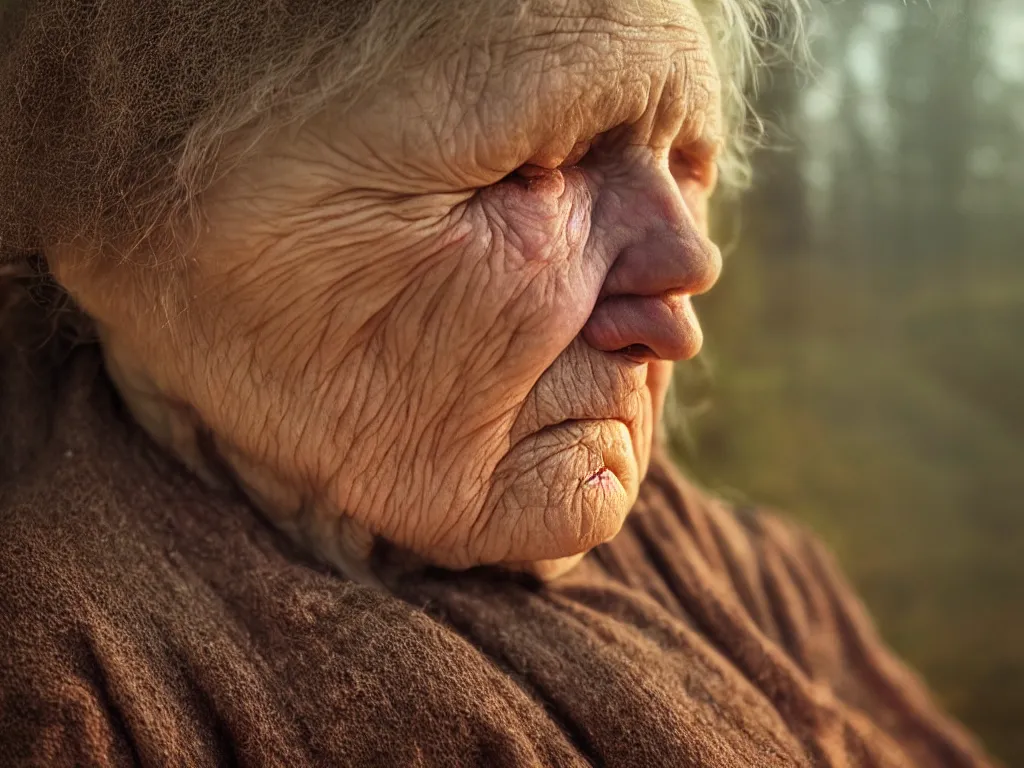 Image similar to close up portrait bust of old woman sitting on fence, looking outside, tired expression, faded color film, russian cinema, tarkovsky, technicolor, inside old cabin, next to window, heavy forest outside, long brown hair, old clothing, heavy fog, brown color palette, sunset, low light, hudson river school, 4 k, dramatic lighting