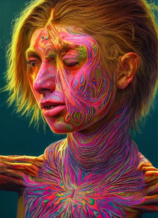Image similar to side portrait ultra dimensional cult girl shaman, accidentally tripping on dmt and acid, psychedelic experience, ascending through the fifth dimension moving at the speed of light and sitting still, ultra high definition, unreal engine 5, hyperrealism, masterpiece composition, by peter kemp, casey weldon, barclay shaw