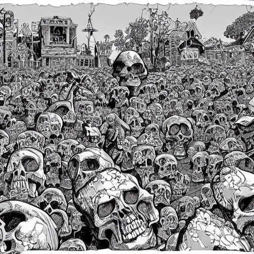 Image similar to Geof Darrow drawing of Psychedelic town of Skulls, medieval town, skulls, drawn by Geof Darrow, trending on artstation