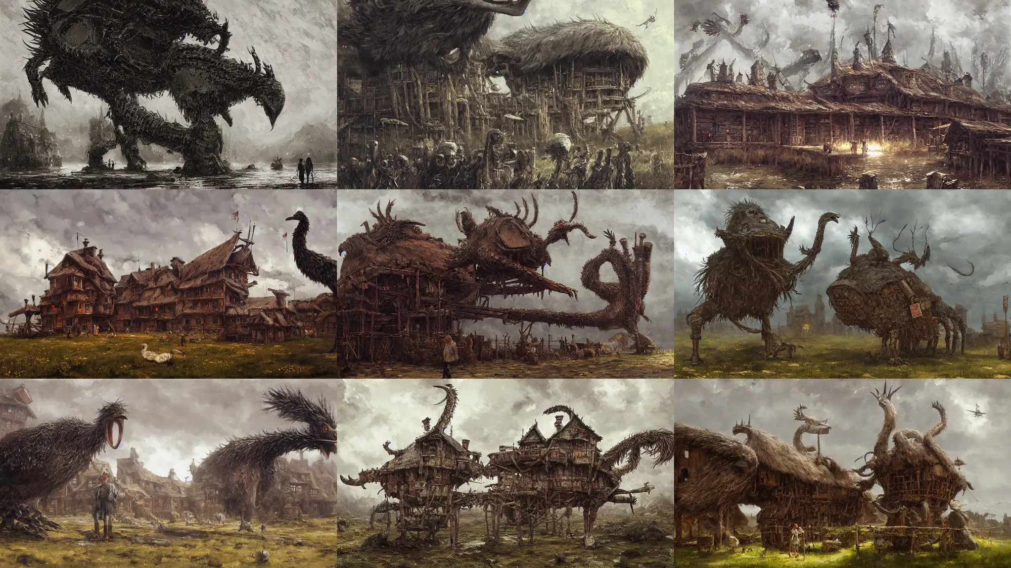 Prompt: Tavern on Emu Legs, giant scaly Emu legs wearing a tavern, Howl's Moving Castle, by Jakub Rozalski