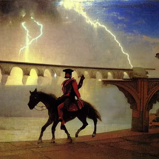 Image similar to Magician riding a horse leaving the castle through the bridge, thunderstorm, beach ocean on the background major arcana sky, by paul delaroche, alphonse mucha and arnold böcklin arnold böcklin hyperrealistic 8k, very detailed