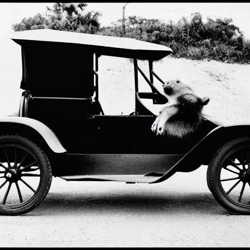 Image similar to a quokka driving a model t ford, black and white photograph