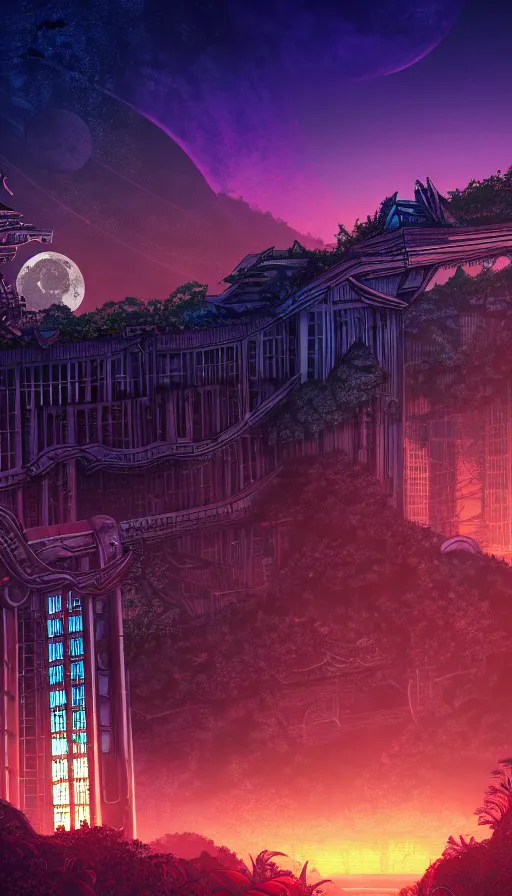 Image similar to reclaimed by nature by moon hoon, darkacademia atlantis cosmic san andreas at dawn neon signs tokyo synthwave universe, archdaily, wallpaper, highly detailed, trending on artstation.