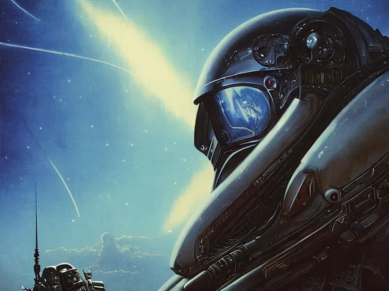 Image similar to a detailed profile painting of a bounty hunter in armour and visor, cinematic sci-fi poster. Spaceship high in the background. Flight suit, anatomy portrait symmetrical and science fiction theme with lightning, aurora lighting clouds and stars. Planet backdrop. Clean and minimal design by beksinski carl spitzweg giger and tuomas korpi. baroque elements. baroque element. intricate artwork by caravaggio. Oil painting. Trending on artstation. 8k