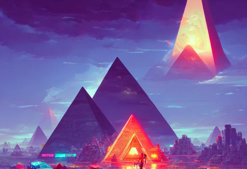 Prompt: a small chubby futuristic pyramid with neons at dawn, intricate oil painting, high detail illustration, sharp high detail, manga and anime 1 9 9 9, official fanart behance hd artstation by jesper ejsing and makoto shinkai, 4 k,