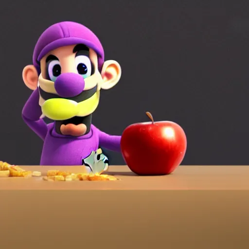 Image similar to waluigi eating apple, 3 d digital painting, cgsociety, artwork, 8 k, hyperdetalied,