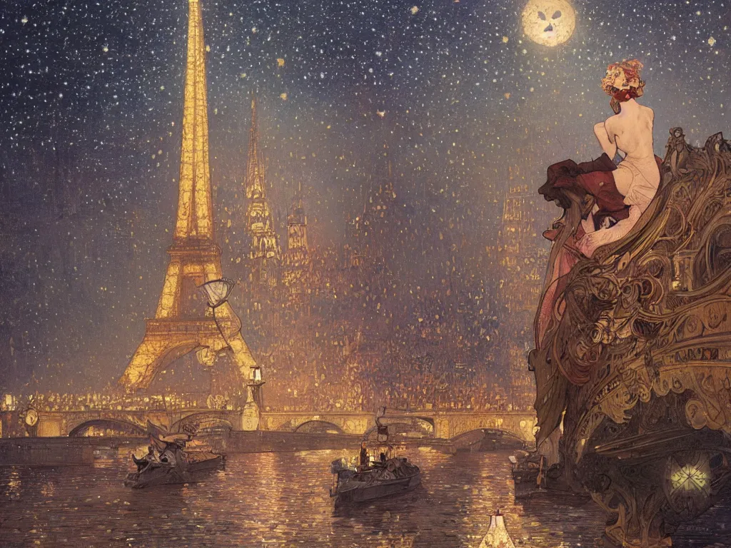 Image similar to a view from the seine river in paris at night with the sky full of stars, intricate, elegant, highly detailed, digital painting, artstation, concept art, smooth, sharp focus, colored illustration for tattoo, art by krenz cushart and artem demura and alphonse mucha,