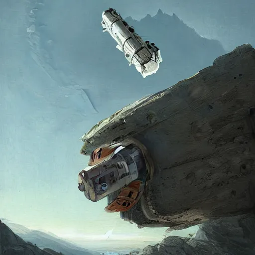 Image similar to derelict spacecraft sticking out from a mountain, painted by Raphael Lacoste