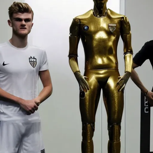 Image similar to a realistic detailed photo of a guy who is an attractive humanoid who is half robot and half humanoid, who is a male android, soccer players martin ødegaard & timo werner, shiny skin, posing like a statue, blank stare, in a factory, on display, showing off his muscles, gold soccer shorts, side view, looking at each other mindlessly