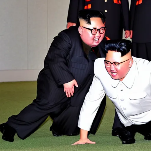 Prompt: Kim Jong Un does Push ups with one hand