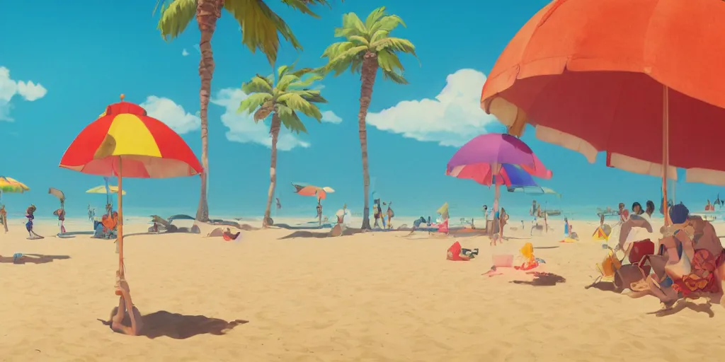 Image similar to a film still of a sunny, windy and colourful beach scene in santa monica, los angelos, narrow shot, low depth of field, wes anderson, studio ghibli, pixar and disney animation, sharp, rendered in unreal engine 5, anime key art by greg rutkowski, bloom, dramatic lighting