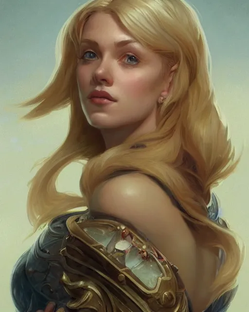 Image similar to '' Portrait of Beautiful blonde Slavic woman in her early 30’s, league of legends, LOL, fantasy, d&d, digital painting, artstation, concept art, sharp focus, illustration, art by greg rutkowski and alphonse mucha ''