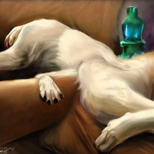 Image similar to dog lady reclining, foreshortening, fantasy, art station
