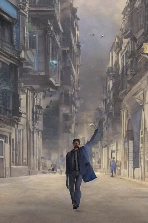 Prompt: in the foreground a Parisian street, in the background a brown man from the back with blue energy wings coming out of his back wearing a long matrix style jacket and starting to fly away, realistic, high definition, great details, dramatic scene, detailed and realistic hands, symmetrical face, realistic eyes, art of invincible