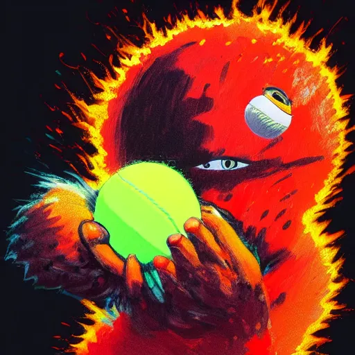 Image similar to a tennis ball monster ,tennis ball, volcano, chalk, digital art, fantasy, magic, trending on artstation, ultra detailed, professional illustration by Basil Gogos