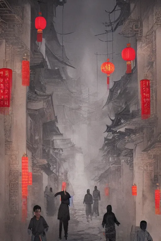 Image similar to on the night of the chinese new year's day, many chinese ghosts wander in the ancient chinese streets. the guiding line composition method, the tindal effect, the soft light, the cool color, by wu jinyuan, trending on artstation